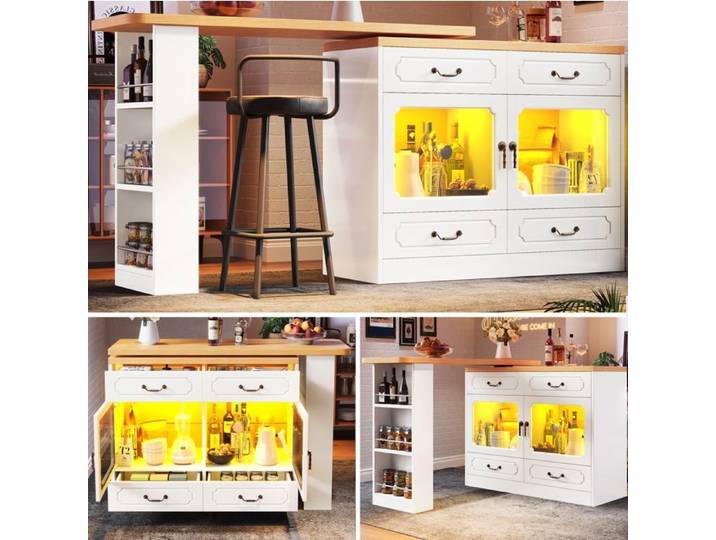 SENVIRO Buffet de Cuisine table bar extensible rotative avec rangement 135x39x92cm blanc