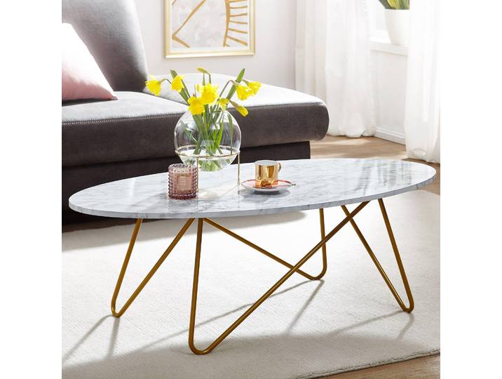 Wohnling table basse aspect marbre blanc 120cm table de salon ovale table basse Wohnling