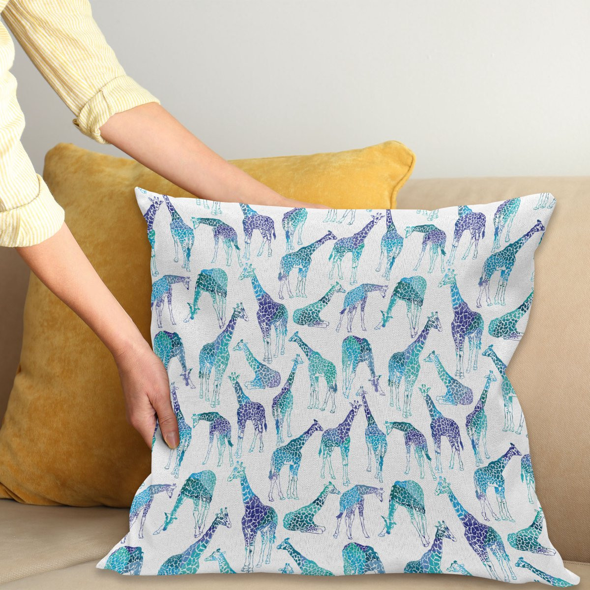 ABAKUHAUS Giraffe Sierkussenhoes Abstract Dier, Turquoise Blauw, 45 x 45 cm