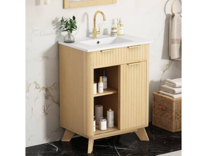 XINGNING Freistehender Badezimmerschrank Mit Wellenoptik 3 Schubladen, Schiebetür Und Einlegeboden Für Bad Und Waschtischbereich::: (Natural Wood + Ceramic+MDF+61cm)