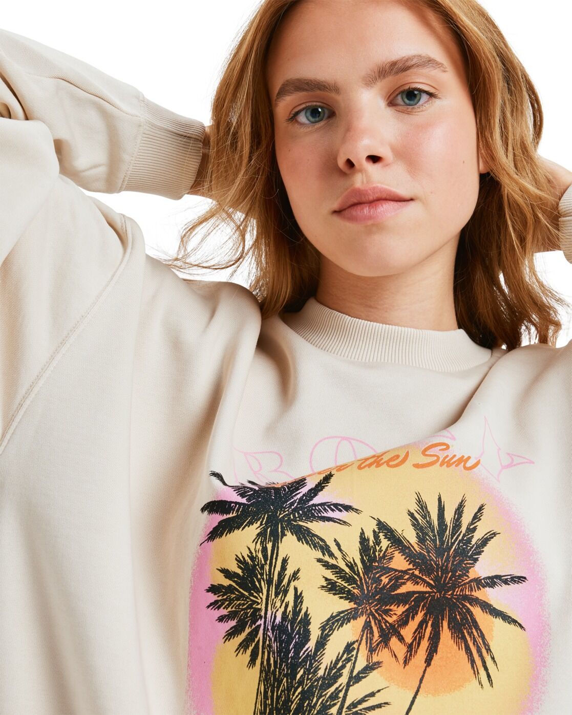 Fleecepullover ROXY "Lineup Oversized", Damen, Gr. S, beige (parchment), Obermaterial: 55% Baumwolle, 25% Baumwolle, 20% Polyester., Sweatshirts Fleecepullover