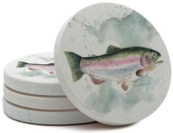 FirstDawn Rainbow Trout 4 Pack Round Natural Sandstone Coasters with Protective Cork Backing Manufactured in The USA