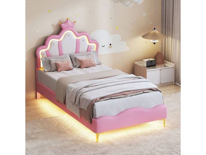 Lit enfant 90x190cm Lit princesse couronne Lit pour enfant avec LED Lit enfant fille Lit avec sommier à Lattes Rose PU