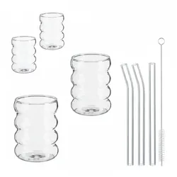 Relaxdays Trinkgläser 4er Set, Wassergläser, gewellt, spülmaschinenfest, Strohhalme, für Eiskaffee, 350 ml, transparent