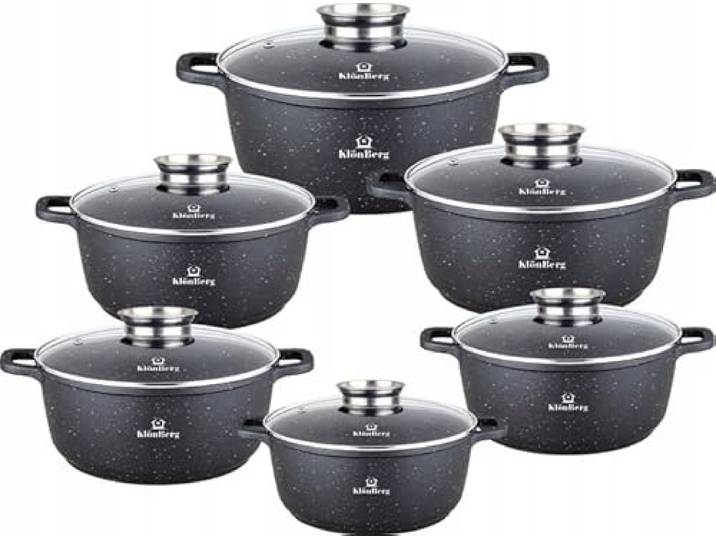 Klönberg 12-teiliges Topfset, antihaftbeschichtet, ideal für alle Herdarten, mit Deckel, schnell aufheizbar, Induktionstöpfe KB4021 (Schwarz, 12)