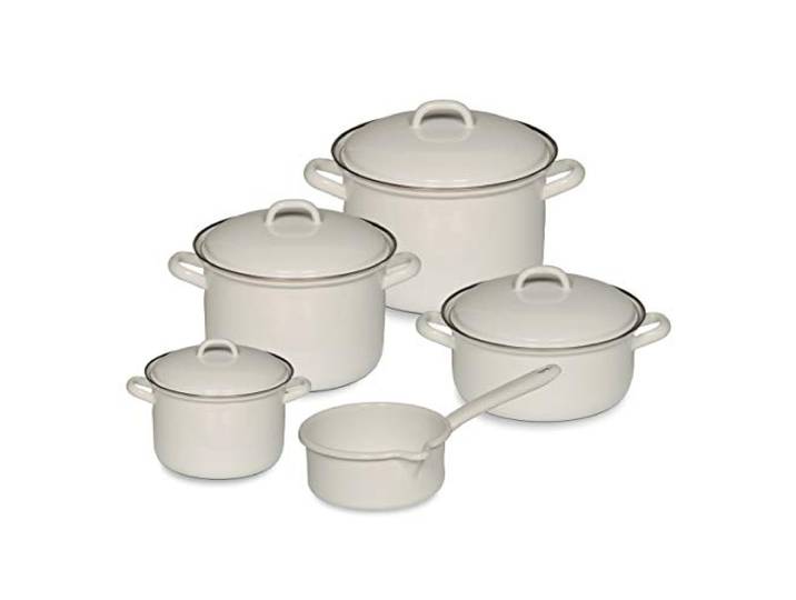 Riess, 0547-033, Kochtopf-Set, 5-teilig, Weiss, 1l+2l+2,5l+4,5l Töpfe+ 0,75l Stielkasserolle, Topfset, Kochtopfset, Kochgeschirr