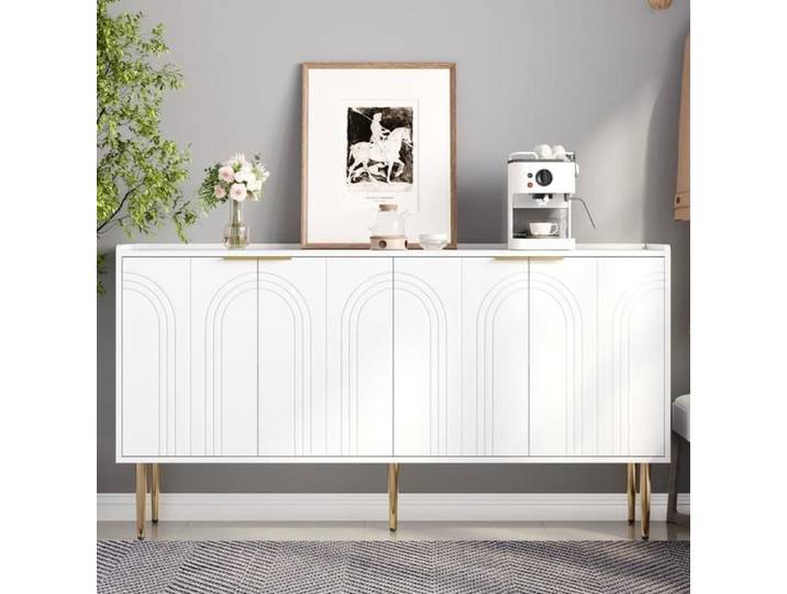 Buffet bas - KOMHTOM - 140x38x75 cm - Blanc - Pieds dorés - Étagères réglables