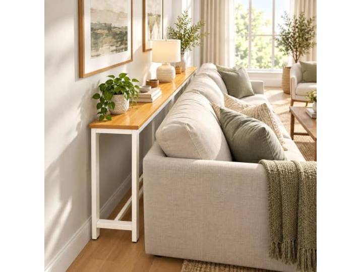 ZEOPLE Konsolentisch hinter Sofa 2 Ebenen Holz und Metall Schmal Hinter Sofa, 2 Ebenen, 200 kg, 20 cm tief, höhenverstellbare Füße, Holz Metall(White+Walnut,47.2x7.9x29.5in)