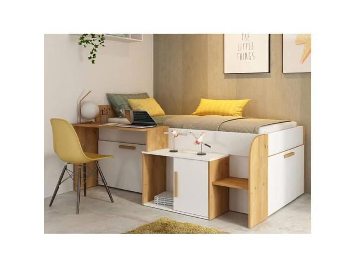 Lit combiné 90 x 200 cm avec bureau et rangements - Coloris : Blanc et naturel + Sommier + Matelas - PEDRO