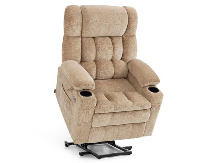 MCombo 3-Motoren-Fernsehsessel 7546, Beige-Chenille Aufstehhilfe Elektrisch, Rückenlehne, Kopf- & Fußstütze Getrennt Verstellbar, Liegefunktion bis 165°