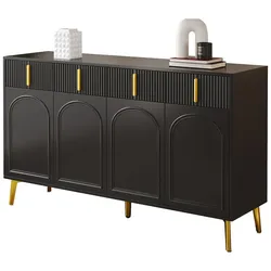 Sideboard Aufbewahrungsschrank mit 4 Türen, 4 Schubladen und verstellbaren Regalen, 140x38x82 cm, Schwarz + Gold