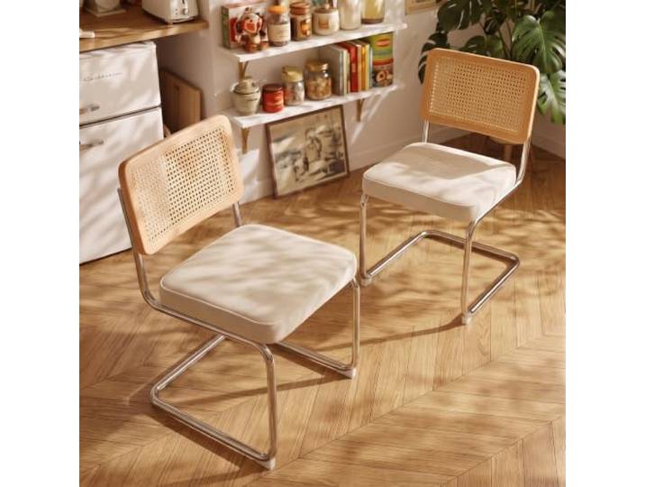Esszimmerstühle 2er Set, Freischwinger mit Rattan-Rückenlehne, Beige Moderner Freischwinger mit bequemer Velours-Sitzfläche, verchromter Stahlrahmen, Mid-Century Stil für Küche und Esszimmer