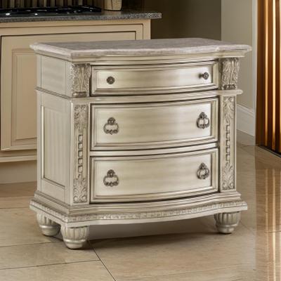 Benjara Caitlin 35 Inch 3 Drawer Nightstand with Marble Top, Leaf Carvings, Silver