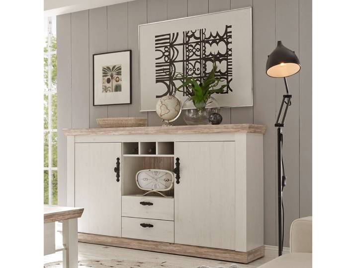 Lomadox Sideboard FERNA-61, weiß Nb. und Oslo Pinie dunkel Nb. mit Flaschenregal 168x104x44cm