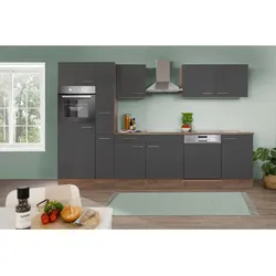 Respekta Küchenprogramm Eiche York Küchenzeile 310 cm inkl. E-Geräte & Mineralite Einbauspüle, grau