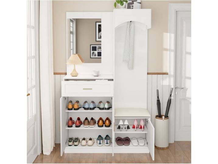 WUVRIE Vestiaire d'entrée compact avec miroir banc tiroir et meuble à chaussures blanc