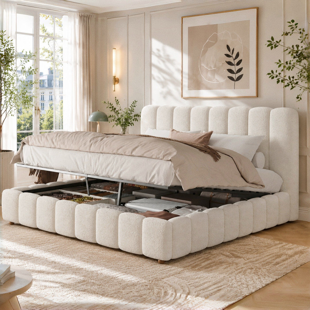 East Urban Home Upholstered Lift Up Storage Ottoman Bed White Kingsize (5')