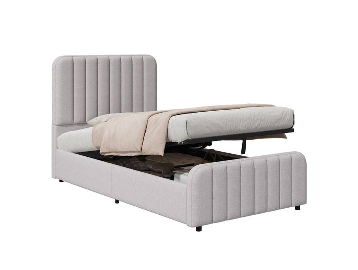 MODFU Polsterbett Komfort-Kinderbett – 90×200 cm mit Stauraum & Kopfteil (Packung, Grau, hydraulischer Stauraum, ohne Matratze, für ruhigen Schlaf), Leinenbezug, abgerundetes Design, weiche Polsterung