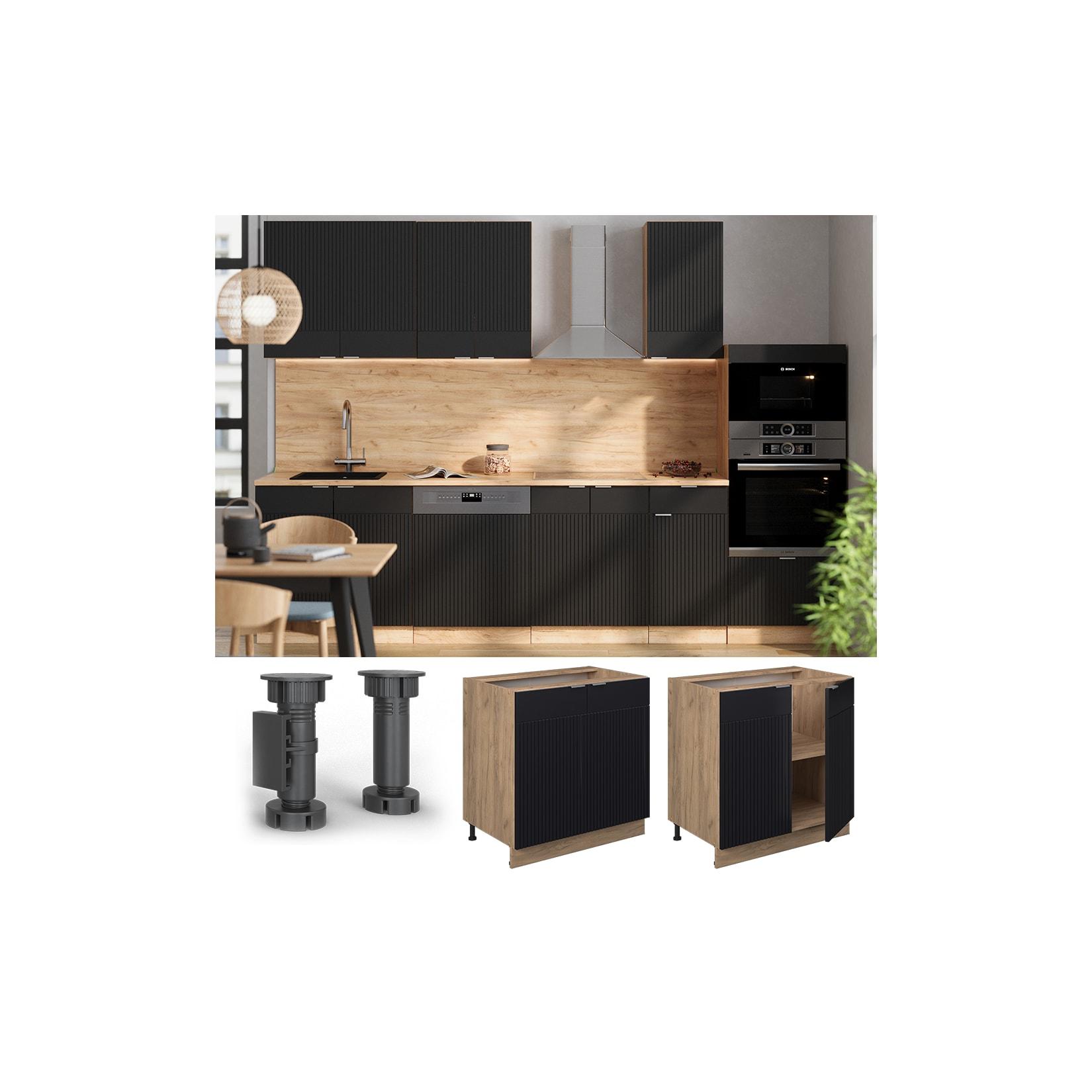 Vicco Unterschrank Fame-Line Eiche Schwarz gestreift 80 cm mit Arbeitsplatte Marmor-Weiß