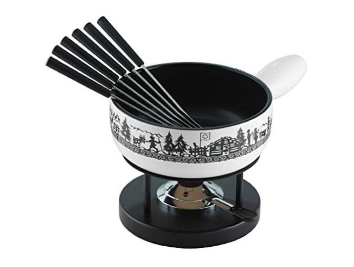 KUHN RIKON Käsefondue Set Alpenweide, 23 am, aus Ton, Induktionstauglich, inkl. Rechaud, Pastenbrenner und Gabeln, Weiss
