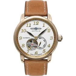 Zeppelin Herrenuhr 76641 - Weißes Ziffernblatt mit goldfarbenen Zahlen/Indices,hellbraun,weiße Naht - 40mm