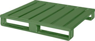 Stahlflachpalette, bis 1500 kg, geschlossenes Oberdeck, 2 Stahlkufen, L 1000 x B 800 x H 130 mm, Stahl, Resedagrün RAL 6011