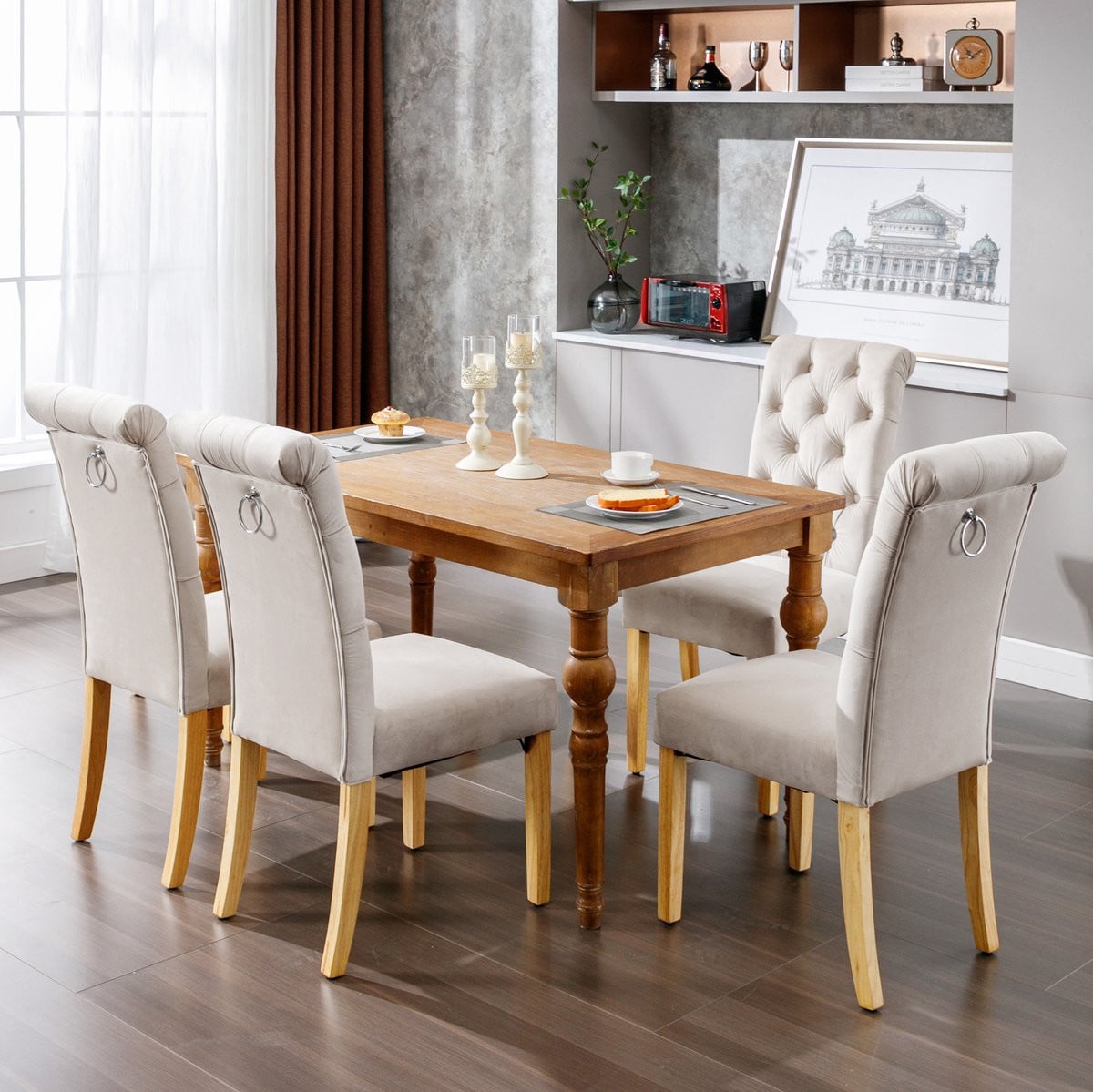 FloraGrace Eetkamerstoelen Set van 4 - Fluwelen Zitting met Knopen - Beige - Hout