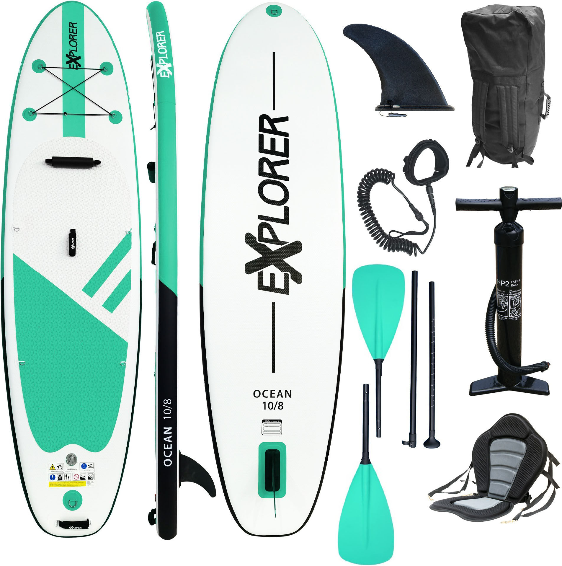SUP-Board EXPLORER "Ocean 10‘8“ Aufblasbares Stand Up Paddle Set (325x84x15cm)", grün (mint), Wassersportboards, 325cm, Kunststoff, SUP-Board, Topseller