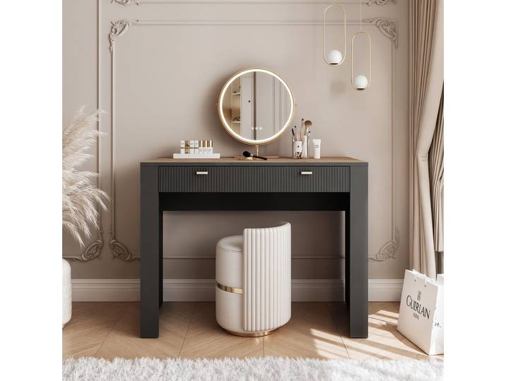 Idohome Coiffeuse\, console avec tiroir\, table de maquillage\, table de coiffure\, commode de maquillage moderne\, couleur noir/chêne whisky - Avena