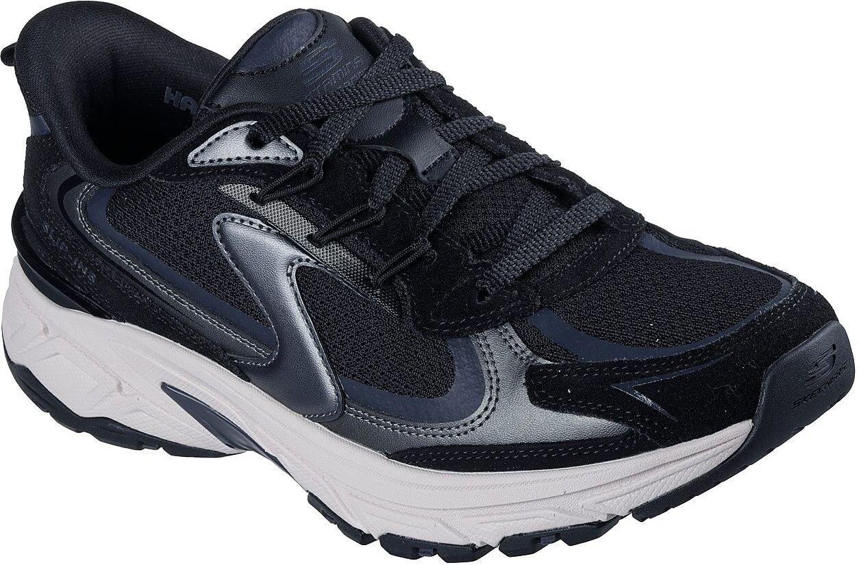 Slip-On Sneaker SKECHERS "STAMINA SPORT", Damen, Gr. 40, schwarz, Lederimitat, Mesh, Veloursleder, Schuhe Slip-On Sneaker, Retro Sneaker, Schnürschuh mit Metallic-Besätzen schwarz 40