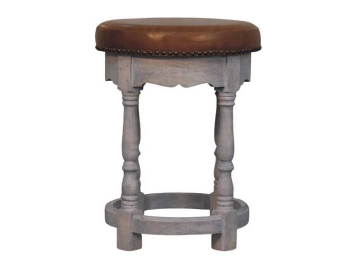 Artisan Furniture Hocker mit Acid-Wash-Finish, Ledersitz, grau und braun, Braun, Holz, Echtholz,Mangoholz, Rund, rund, 40x55x40 cm, Wohnzimmer, Sessel, Hocker, Sitzhocker