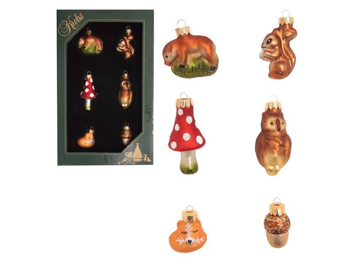 Weihnachtsbaumkugel KREBS GLAS LAUSCHA Baumschmuck Miniset Waldtiere mehrfarbig 5cm , braun (mehrfarbig), B:3cm H:5cm T:3cm Ø:5cm, Glas, Weihnachtsbaumkugeln, Weihnachtsbaumkugel, Dekoriert mit Liebe zum Detail