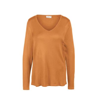 Strickpullover GOLDNER "Unkomplizierter Pullover mit V-Ausschnitt", Damen, Gr. 42, gelb (safrangelb), Obermaterial: 100% Polyacryl PAN., V-Ausschnitt, eng normales Bündchen, Pullover Strickpullover, Ohne