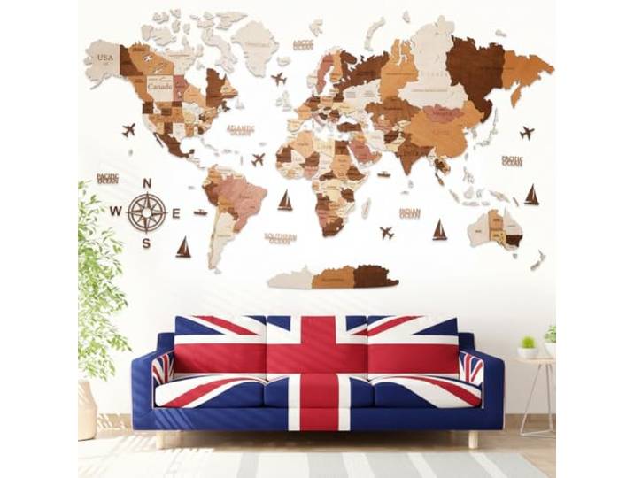 WOW WOOD Weltkarte zum Pinnen auf Englisch - große 3D Holz Wanddeko Birkensperrholz, 160x85 cm, Reise-Tracking mit Flaggen, Klebemontage, Einweihungsgeschenk, passt über das Sofa