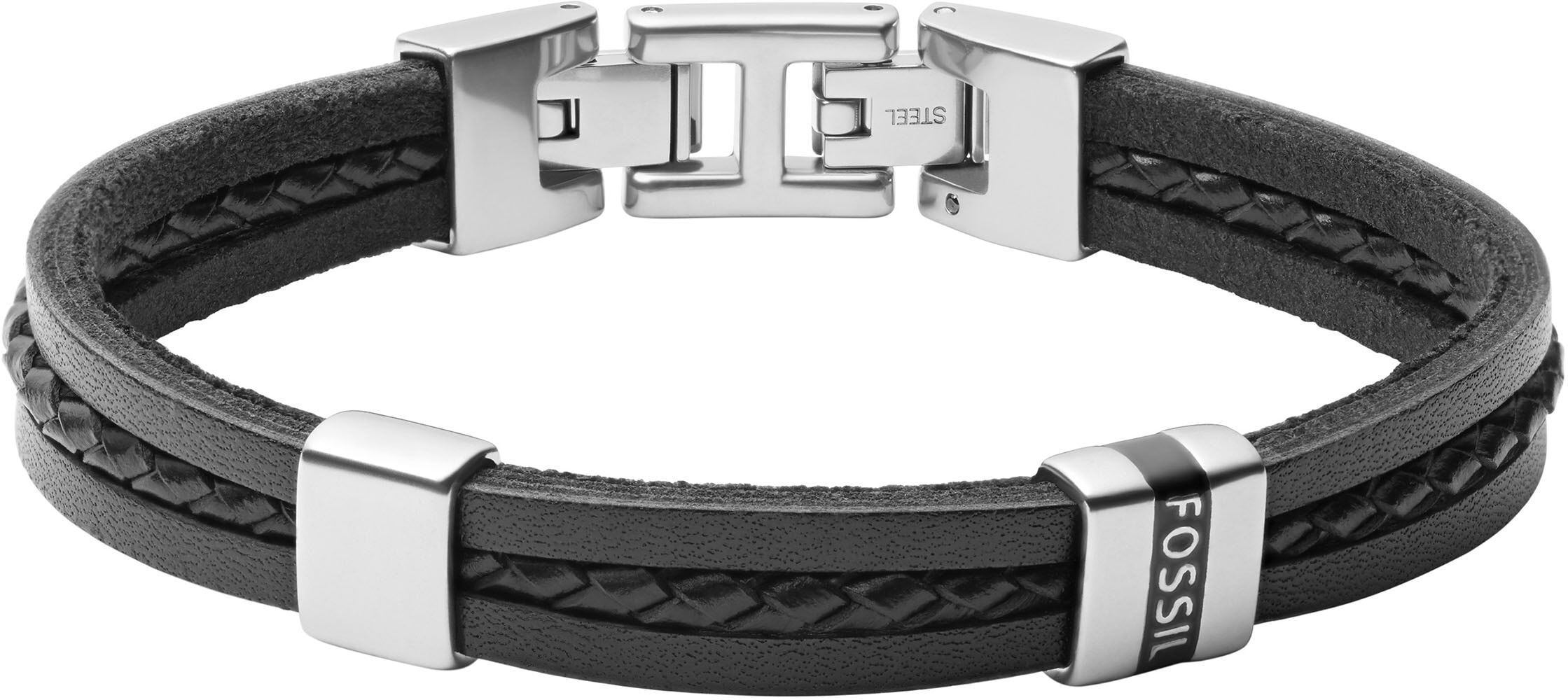 Armband FOSSIL "Schmuck Geschenk Edelstahl Leder VINTAGE CASUAL", schwarz (edelstahlfarben, schwarz), Armbänder, Damen, 19,5cm, Edelstahl Leder, Edelstahl, Leder, Armband
