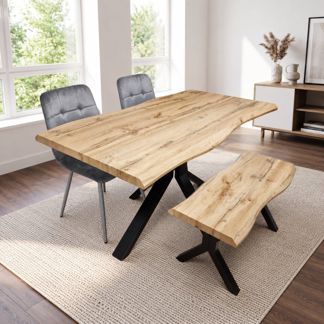 Norden Home Brown Wooden Dining Table with 2 Black Chairs and Bench - Dining Furniture Wooden 75cmH x 117cmL x 77cmW