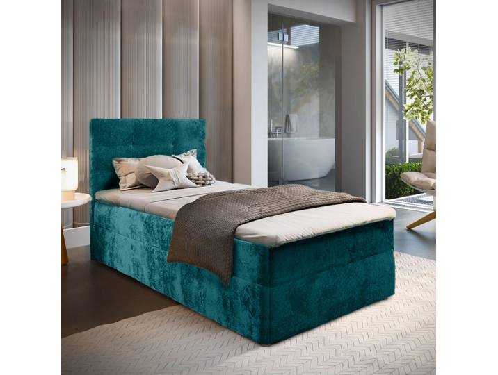 Aktion Polsterbett Boxspring GLORIEN VELVET 100x200 cm türkis II. Wahl Matratze: Bonell-Federkernmatratze