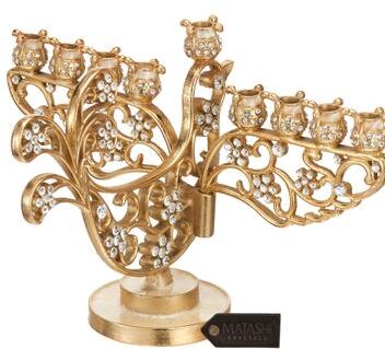Matashi Home Decorative Tabletop Showpiece Gold Painted Dove Menorah Candelabra, Embellished with High Quality Crystals