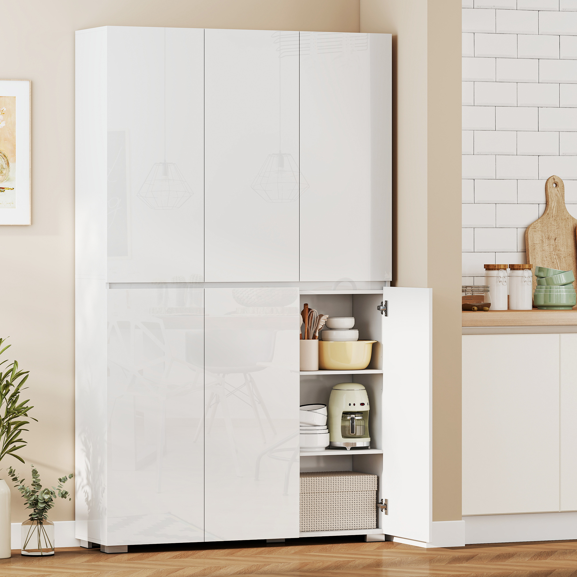 Homcom Buffet alto cucina armadio da cucina a finitura lucida 6 porte con chiusura ammortizzata ripiani regolabili bianco   Aosom Italy