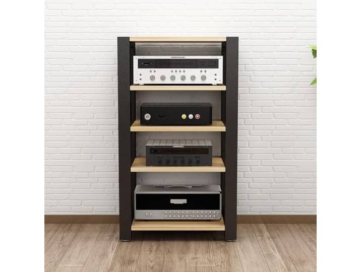 Verstellbares AV Rack 2/3/4/5 Ebenen, Verstärkerständer aus Stahl und Holz Verstellbare Fachböden, AV Geräte Rack, Verstärkerständer, Audio Rack, Stahl-Holz-Konstruktion, Mehrstufige Ablage