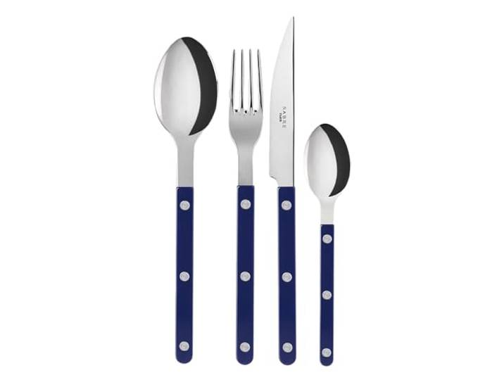 Sabre Paris Ensemble de 4 couverts de table 24cm Bistrot\, couleur Bleu Marine et finition brillante. 4 pièces\, comprend couteau\, fourchette\, cuillère à soupe et petite cuillère en Acier Inoxydable.