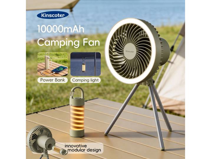 Ventilateur de camping extérieur 10000 mAh, ventilateur suspendu pour tente, rechargeable, portable, avec lampe de camping détachable et batterie externe