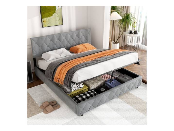 MODFU Polsterbett Schlichtes Design, Komfortbett mit Stauraum (Ausgezeichnete Atmungsaktivität, 180x200 cm, Grau, ohne Matratze), inkl. Lattenrost, praktischer Bettkasten