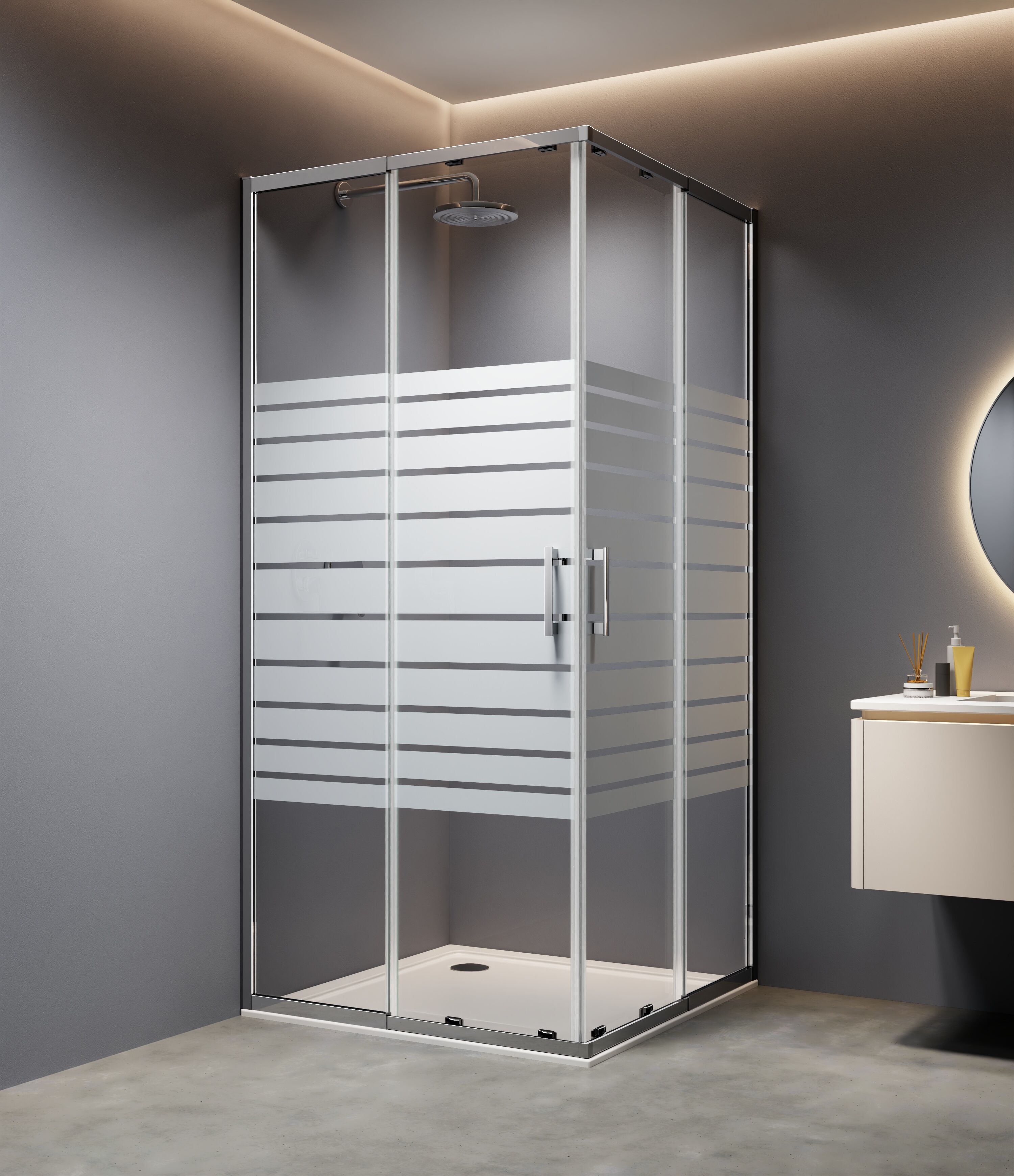 Eckdusche WELLTIME "Trento Slimline", silber (chromfarben streifendekor), B:90cm H:190cm T:90cm, Duschkabinen, Eckdusche, Verstellbereich 80-90cm, 5mm ESG, verbessertes Rollensystem chromfarben streifendekor B/H/T: 90cm x 190cm x 90cm,mit Antikalk-Versieg
