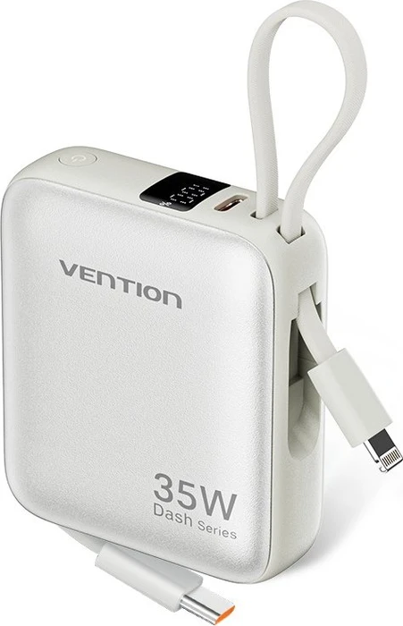 Vention 10000mAh Mini Power Bank (USB-C + USB-C/Lightning) with Built-in USB-C and Lightning Cables
