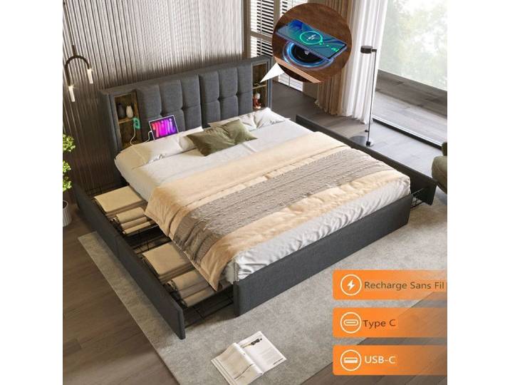 Lit adulte Lit double avec 4 tiroirs - 160x200cm - Bois massif - Gris