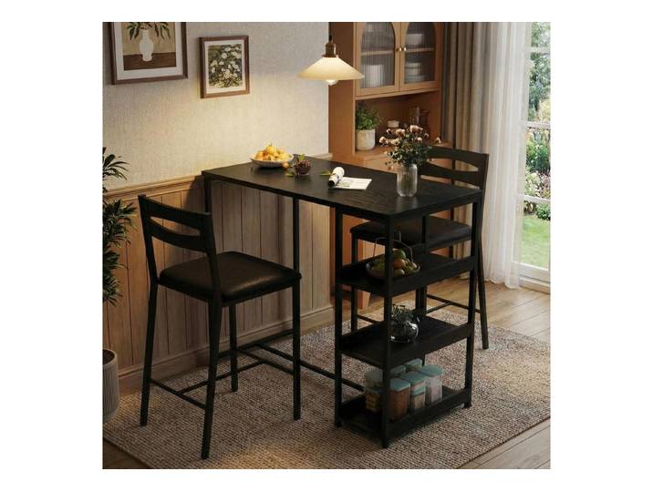 LuxusKollektion Esstisch Esstisch Set 2er 3teilig Polsterstühle Holzplatte Regale Schwarz (1-St)