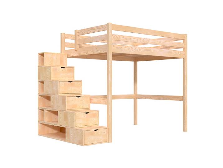 Lit mezzanine bois 140x200 Sylvia avec escalier cube 140x200 Vernis Naturel