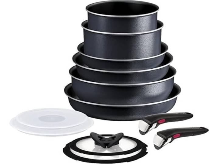 Tefal Ingenio So'Light Topfset, 12-teilig, Schwarz, Aluminium, Abnehmbarer Griff, Antihaftbeschichtung, Induktionsgeeignet, Mit Glas- und Kunststoffdeckeln