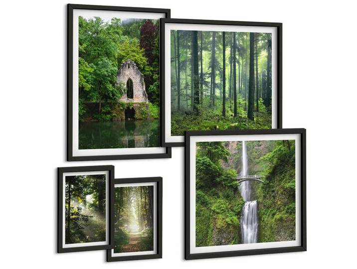 Tulup Bilder SET 5er Set - 50x50 cm & 20x30 cm & 40x60 cm Schwarzer Rahmen - Grüne Wälder, Lichtstrahlen, Kunststoff, Rechteckig, 40x60 cm, gerahmt, Bilder & Rahmen, Bilder